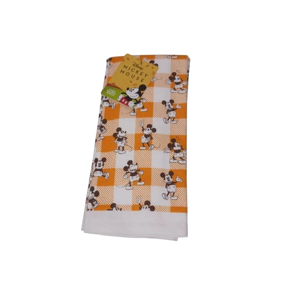 Disney Mickey Mouse Orange & White Gingham Cotton Kitchen Towels Set 16